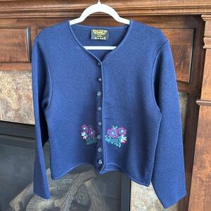 Vitabella Norway wool navy cardigan sweater floral embroidery size large